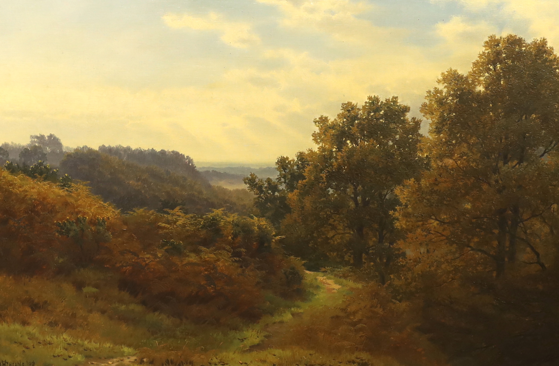 Henry Cheadle (1852-1910) oil on canvas, Wooded landscape, signed and dated '92, details verso, 50 x 75cm